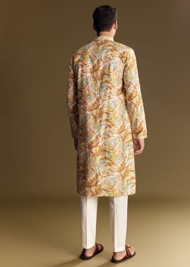 Multi Colored Linen Kurta Set With Floral And Foil Highlights