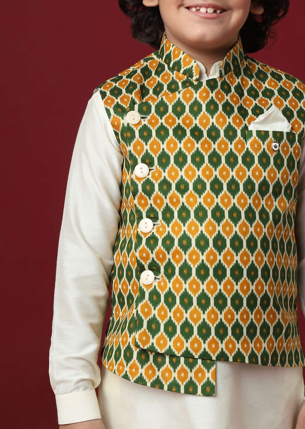 Multi-Colored Silk Jacket Kurta Set for Boys