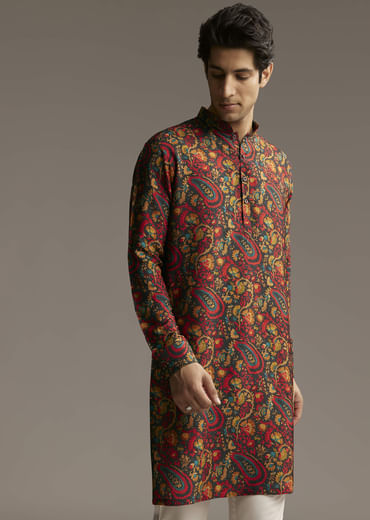 Multi Colour Silk Designer Kurta For Men With Paisley And Floral Print