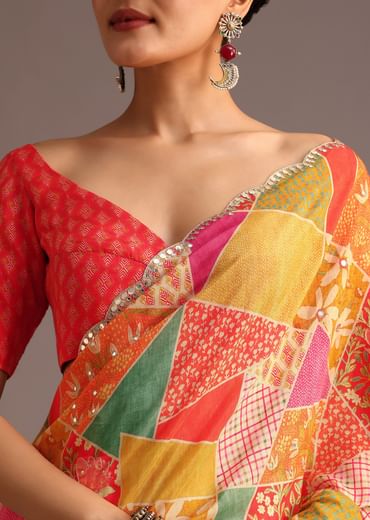 Multi Coloured Printed Muslin Saree With Unstitched Blouse