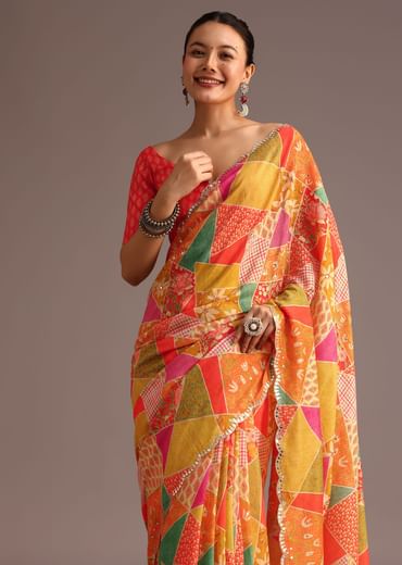 Multi Coloured Printed Muslin Saree With Unstitched Blouse