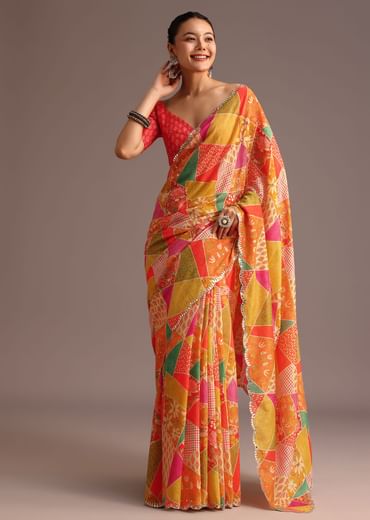 Multi Coloured Printed Muslin Saree With Unstitched Blouse