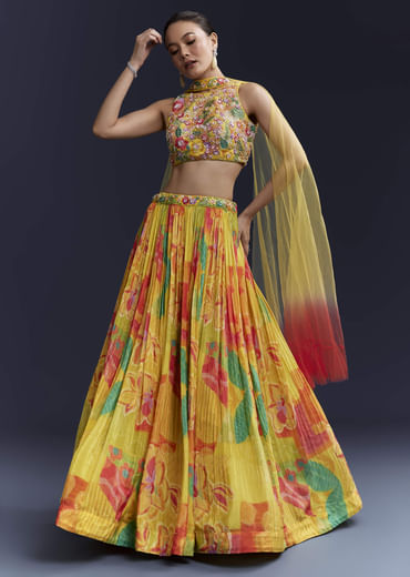 Multi Crepe Floral Print Bridesmaid Lehenga Set with Dupatta Multi Crepe Floral Print Bridesmaid Lehenga Set with Dupatta