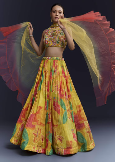 Multi Crepe Floral Print Bridesmaid Lehenga Set with Dupatta Multi Crepe Floral Print Bridesmaid Lehenga Set with Dupatta