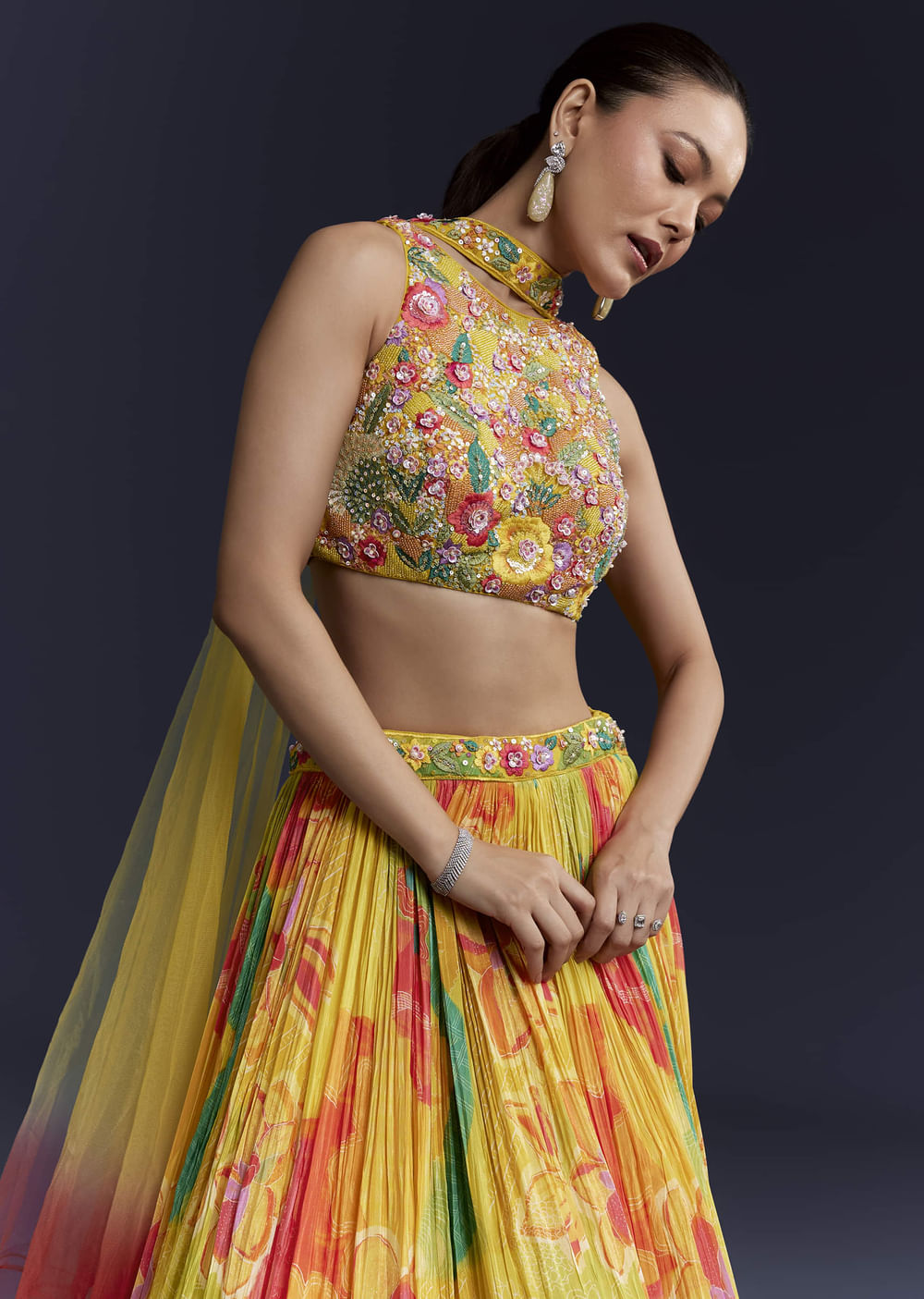 Multi Crepe Floral Print Bridesmaid Lehenga Set with Dupatta