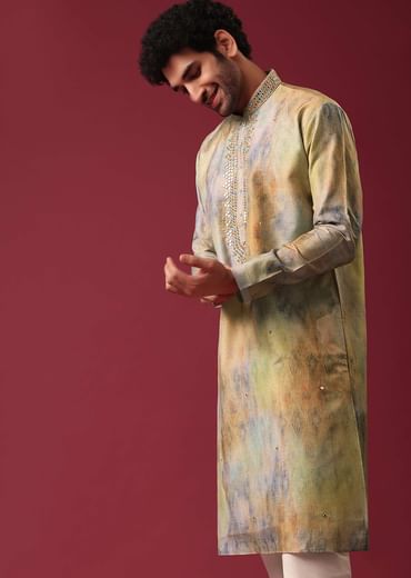 Multi Color Kurta Set With Mirror Work In Silk Fabric