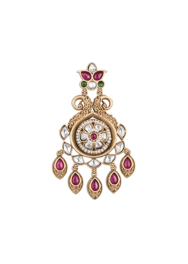 Gold Finish Temple Earrings With Meenakari Work And Floral Motifs Gold Finish Temple Earrings With Meenakari Work And Floral Motifs