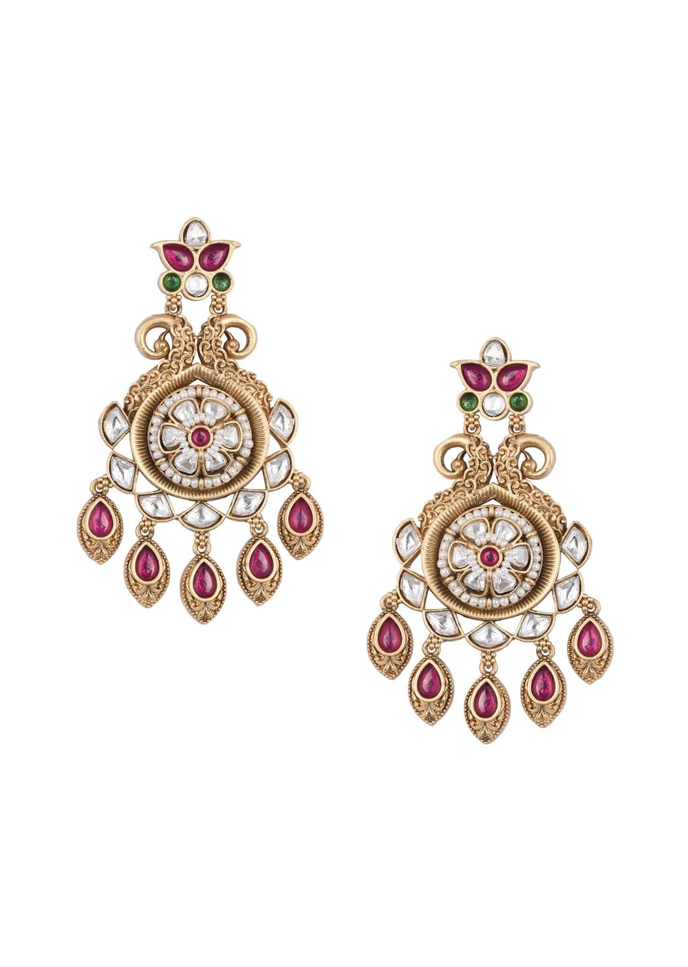 Gold Finish Temple Earrings With Meenakari Work And Floral Motifs