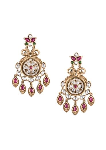 Gold Finish Temple Earrings With Meenakari Work And Floral Motifs