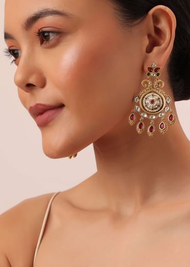 Gold Finish Temple Earrings With Meenakari Work And Floral Motifs