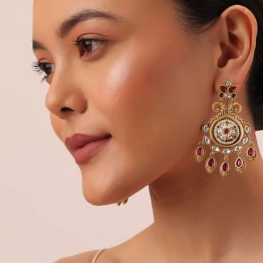 Gold Finish Temple Earrings With Meenakari Work And Floral Motifs
