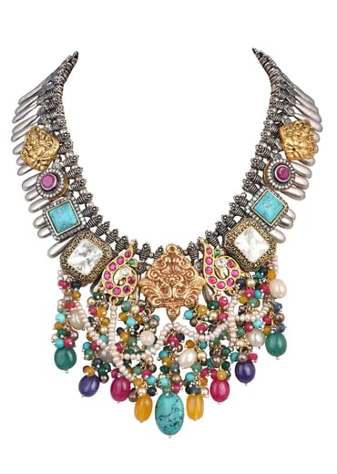 Multi Color Oxidised Kundan Necklace With Bead Drops