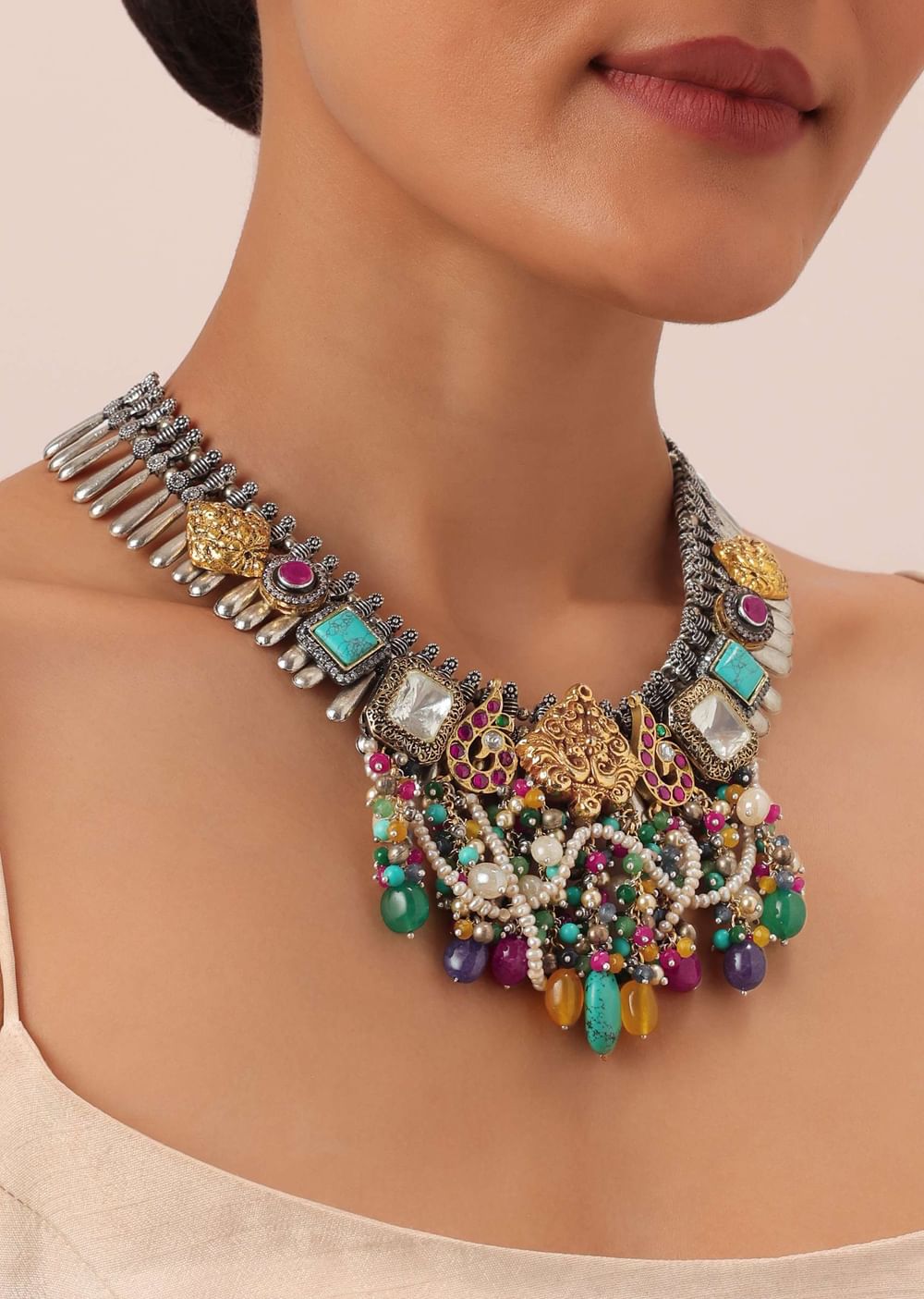 Multi Color Oxidised Kundan Necklace With Bead Drops