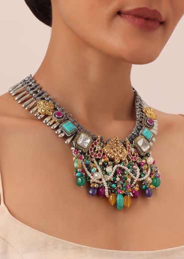 Multi Color Oxidised Kundan Necklace With Bead Drops