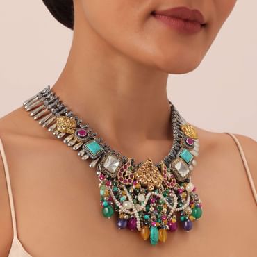 Multi Color Oxidised Kundan Necklace With Bead Drops