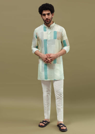 Multi Colour Silk Printed Kurta Set For Men
