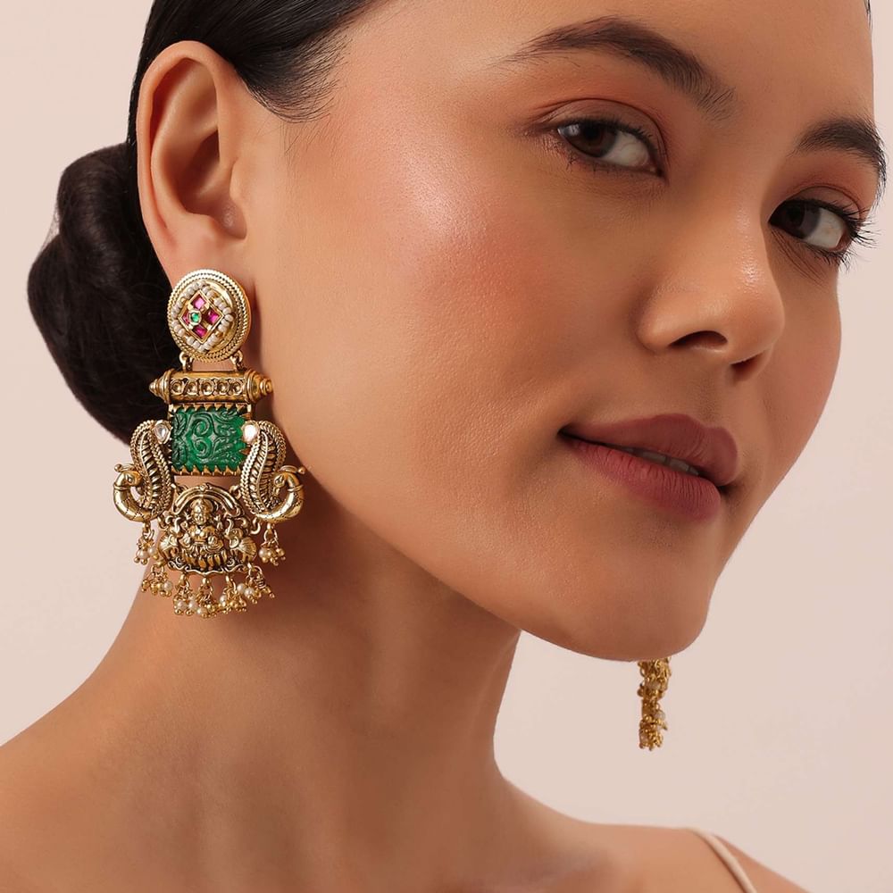 Multi Finish Oxidsed Danglers With Meenakari Detail And Cluster Bead Drops