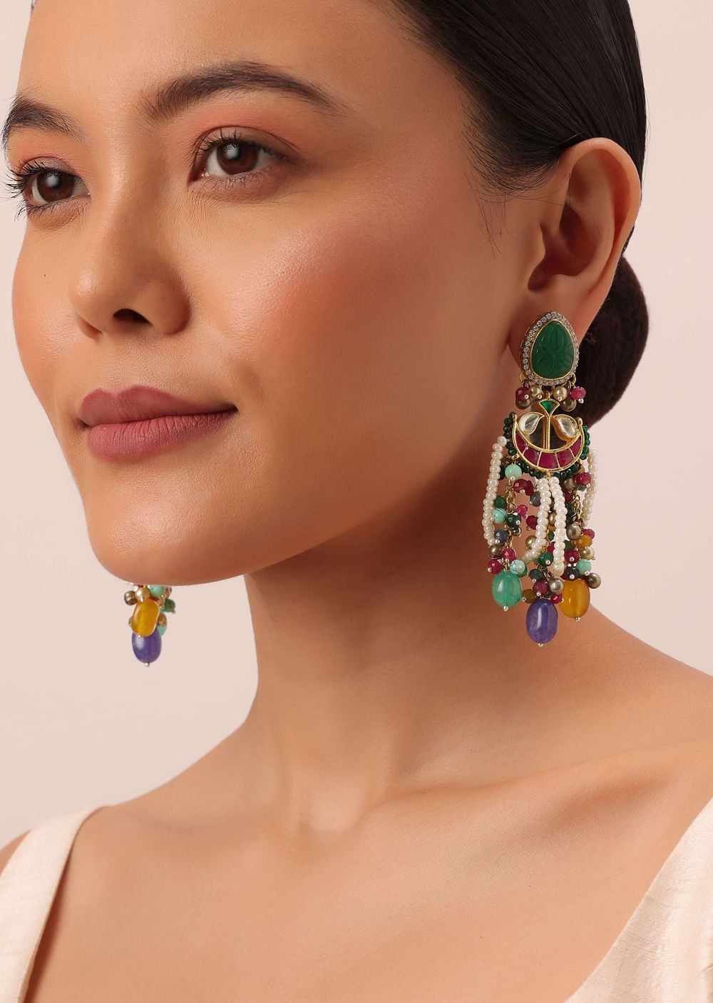 Multi Color Oversized Fusion Danglers With Bead Drops And Meenakari Work
