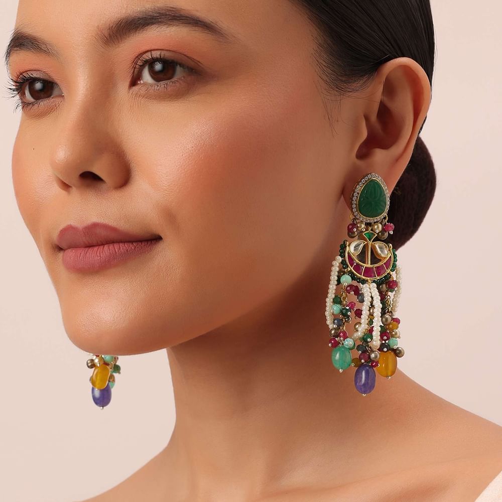 Multi Color Oversized Fusion Danglers With Bead Drops And Meenakari Work