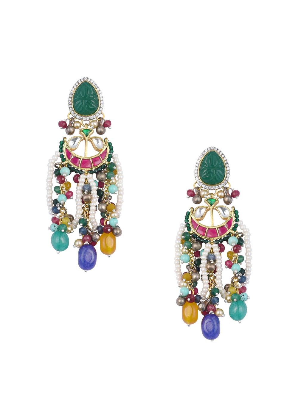 Multi Color Oversized Fusion Danglers With Bead Drops And Meenakari Work