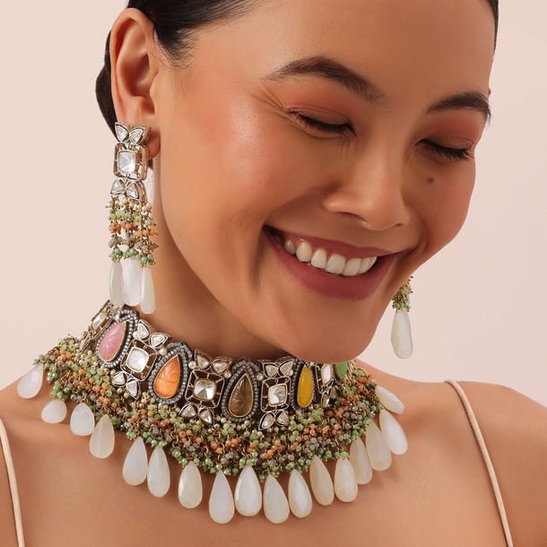 Multi Two Tone Choker Set With Multicolor Stones And Kundan Multi Two Tone Choker Set With Multicolor Stones And Kundan