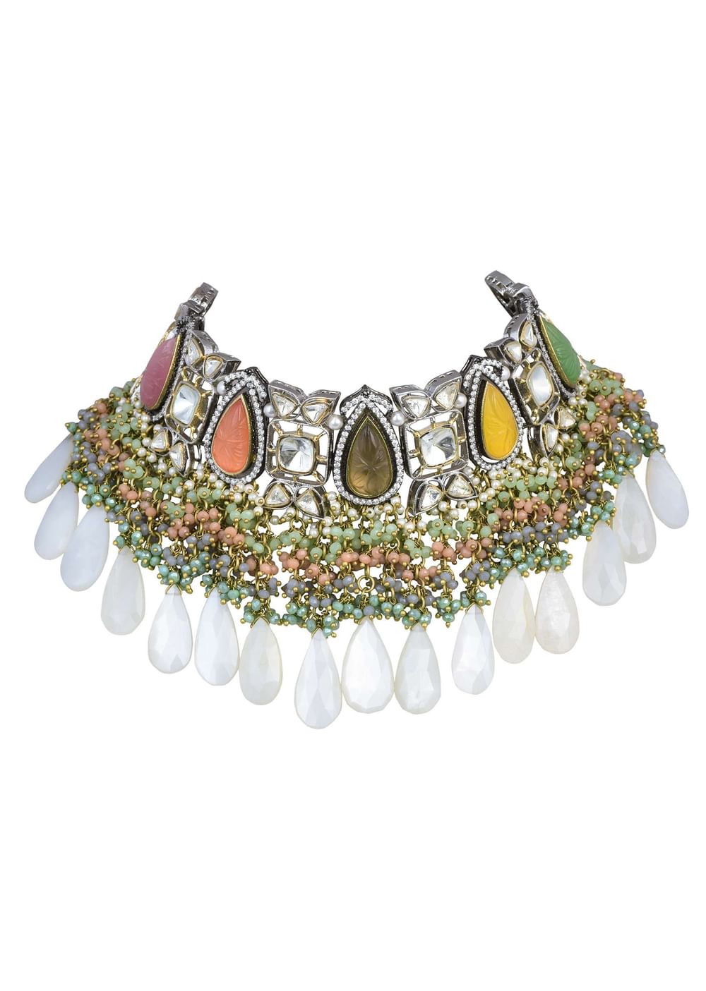 Multi Two Tone Choker Set With Multicolor Stones And Kundan
