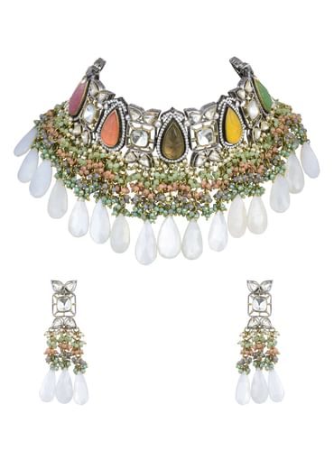 Multi Two Tone Choker Set With Multicolor Stones And Kundan