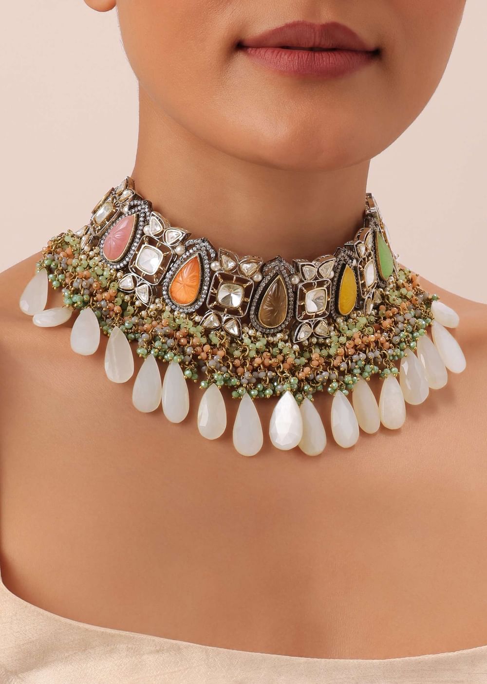 Multi Two Tone Choker Set With Multicolor Stones And Kundan