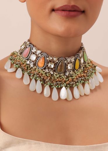 Multi Two Tone Choker Set With Multicolor Stones And Kundan