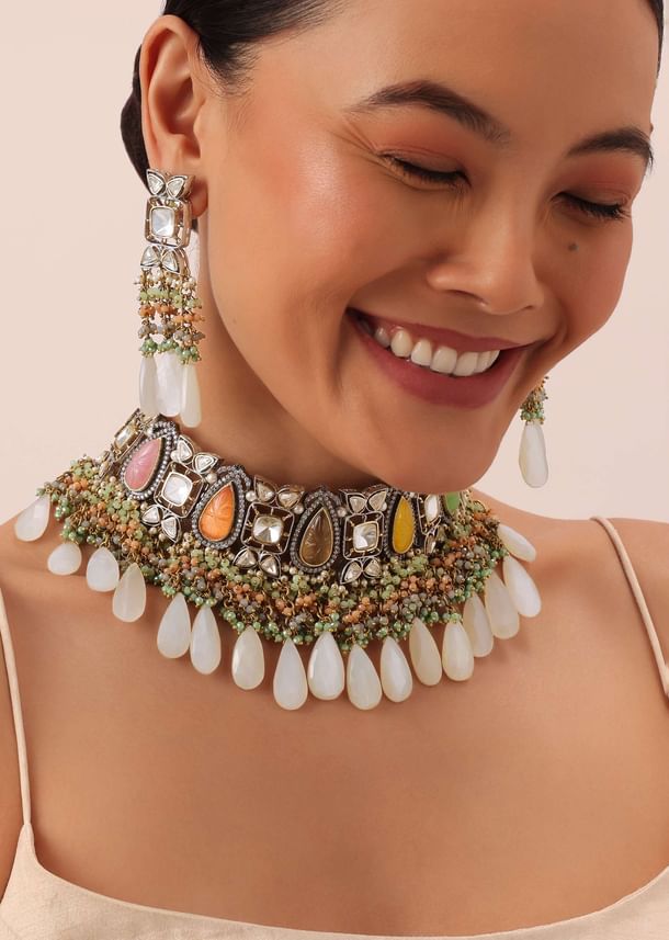 Multi Two Tone Choker Set With Multicolor Stones And Kundan Multi Two Tone Choker Set With Multicolor Stones And Kundan