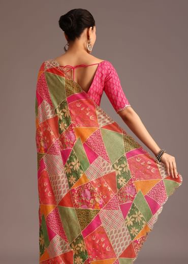 Multicolor Abstract Printed Muslin Saree
