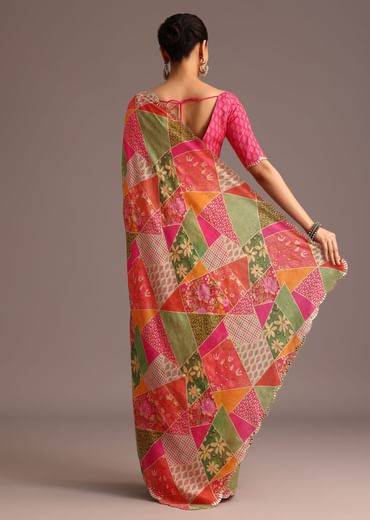 Multicolor Abstract Printed Muslin Saree