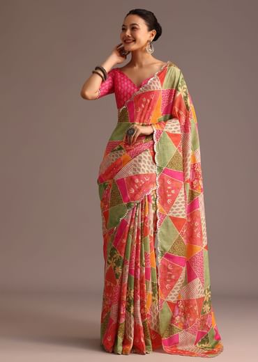 Multicolor Abstract Printed Muslin Saree