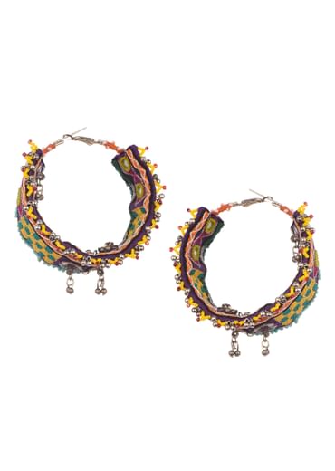 Multicolor Hand Embroidered Thread And Beaded Boho Hoop Earrings