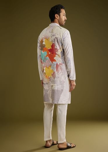 Multicolor Linen Zipper Kurta Set With Abstract Leaf Prints