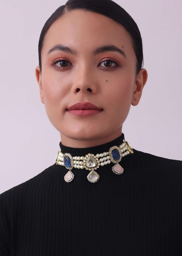 Multicolor Choker And Earring Set In Two Tone Finish Multicolor Choker And Earring Set In Two Tone Finish