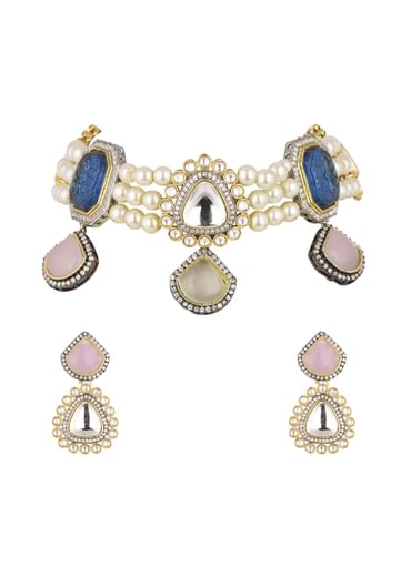 Multicolor Choker And Earring Set In Two Tone Finish