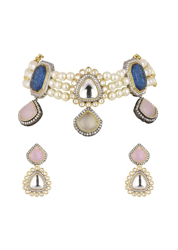Multicolor Choker And Earring Set In Two Tone Finish Multicolor Choker And Earring Set In Two Tone Finish