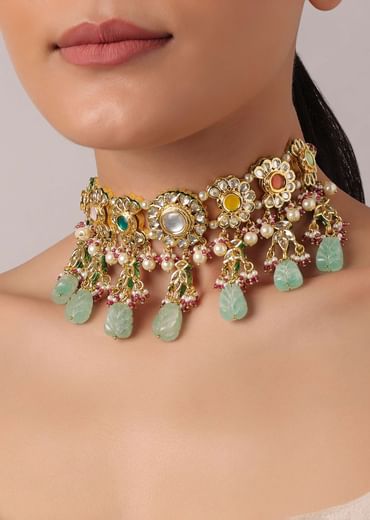 Multicolor Choker Set With Bead Drops And Studded Kundan Polki