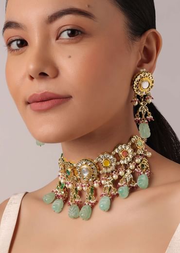 Multicolor Choker Set With Bead Drops And Studded Kundan Polki