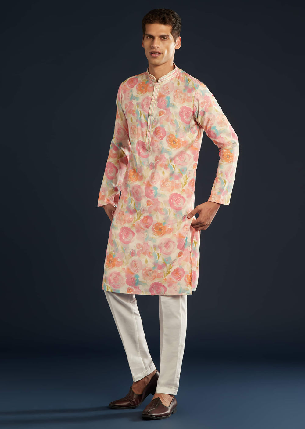 Multicolor Floral Print Silk Kurta and Pant Set