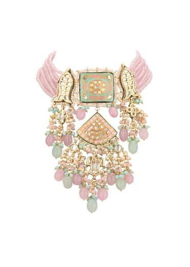 Multicolor Gold-Finish Kundan Choker Necklace Set With Colourful Meenakari Work And Stones In Mix Metal