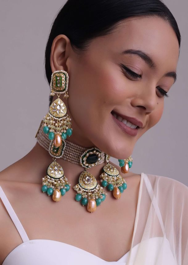 Multicolor Gold-Finish Kundan Choker Necklace Set With Colourful Meenakari Work And Drop-Stones In Mix Metal Multicolor Gold-Finish Kundan Choker Necklace Set With Colourful Meenakari Work And Drop-Stones In Mix Metal