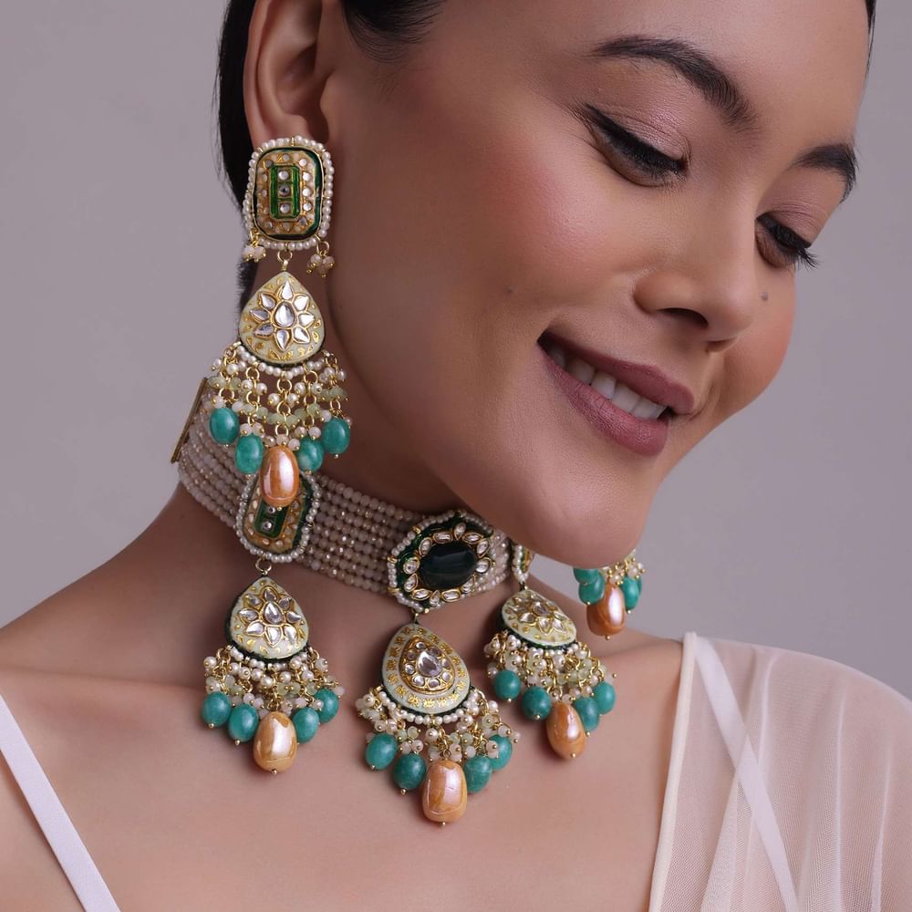 Multicolor Gold-Finish Kundan Choker Necklace Set With Colourful Meenakari Work And Drop-Stones In Mix Metal