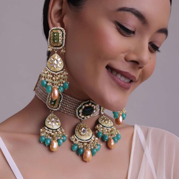 Multicolor Gold-Finish Kundan Choker Necklace Set With Colourful Meenakari Work And Drop-Stones In Mix Metal Multicolor Gold-Finish Kundan Choker Necklace Set With Colourful Meenakari Work And Drop-Stones In Mix Metal