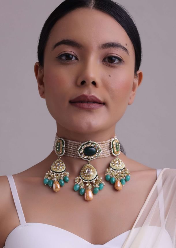 Multicolor Gold-Finish Kundan Choker Necklace Set With Colourful Meenakari Work And Drop-Stones In Mix Metal Multicolor Gold-Finish Kundan Choker Necklace Set With Colourful Meenakari Work And Drop-Stones In Mix Metal