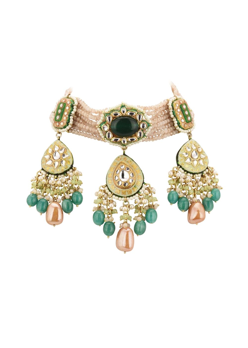 Multicolor Gold-Finish Kundan Choker Necklace Set With Colourful Meenakari Work And Drop-Stones In Mix Metal