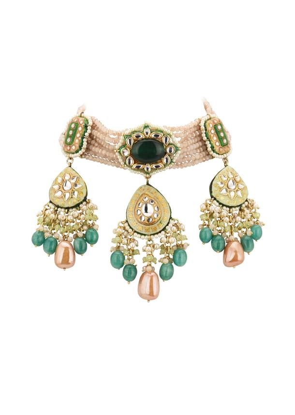 Multicolor Gold-Finish Kundan Choker Necklace Set With Colourful Meenakari Work And Drop-Stones In Mix Metal Multicolor Gold-Finish Kundan Choker Necklace Set With Colourful Meenakari Work And Drop-Stones In Mix Metal