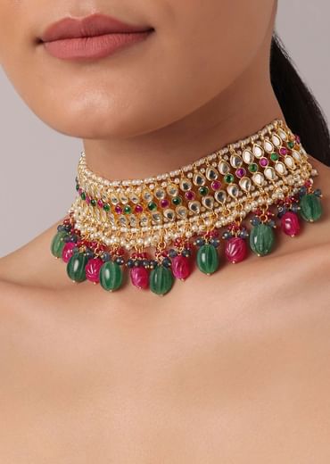 Multicolor Kundan Choker And Drop Earrings
