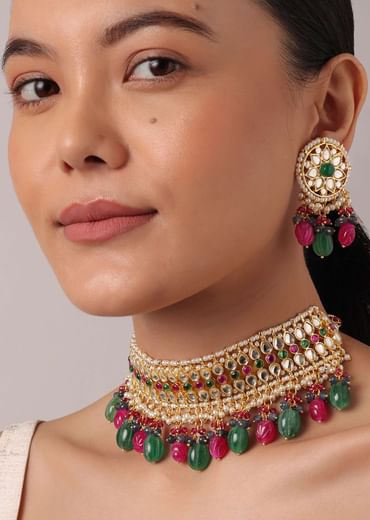 Multicolor Kundan Choker And Drop Earrings